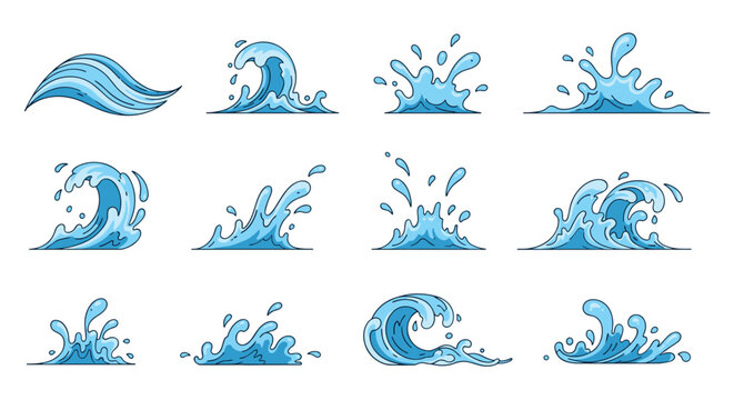 Diverse collection of cartoon water splashes and wave shapes showing dynamic fluid motions on a white background.