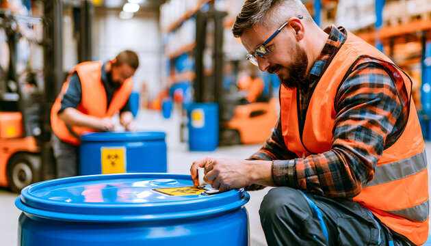 Warehouse worker applies toxic substance label to blue barrel. A man checks hazardous material safety sticker on chemical drum. The logistics team manages dangerous goods storage, ensures regulatory