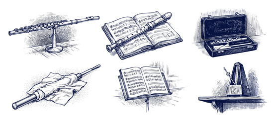 Flute music instrument vintage sketch set with metronome, stand, sheet music, case, and cleaning rod on white background, classical retro engraving style vector illustration isolated icons set designs © Dinali