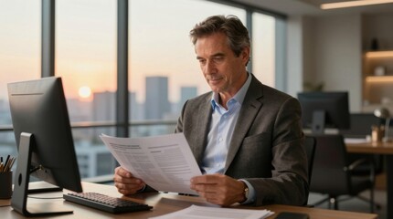 Fototapeta premium Middle aged businessman reviewing documents in corner office