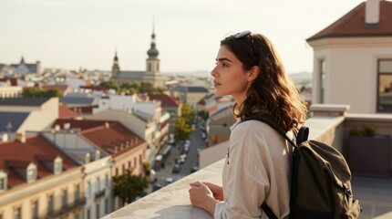 Fototapeta premium Young woman overlooking cityscape from rooftop terrace