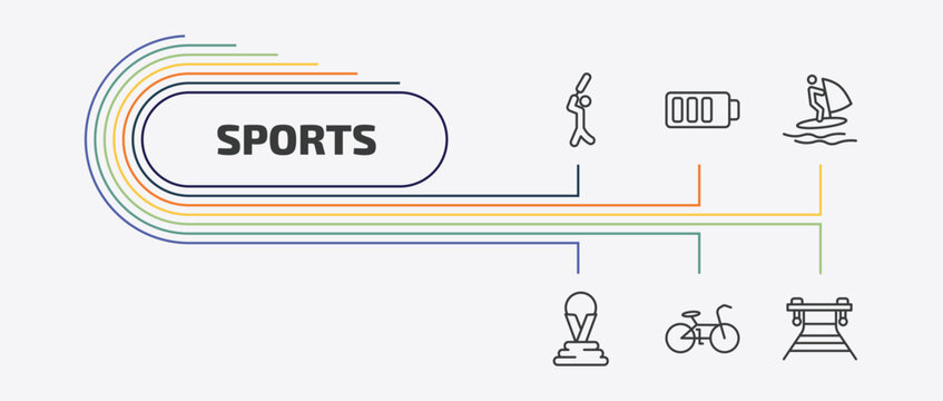 sports outline icon set. thin line batter, windsurf, world cup, race bike and more icons. editable vector