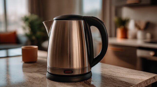 Modern electric kettle rests on kitchen counter