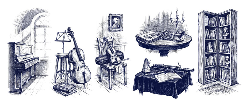 Classical music instruments sketch set featuring vintage piano, cello, violin, trumpet, flute and bookshelf in traditional hand-drawn engraving style for design, education and historical project arts.
