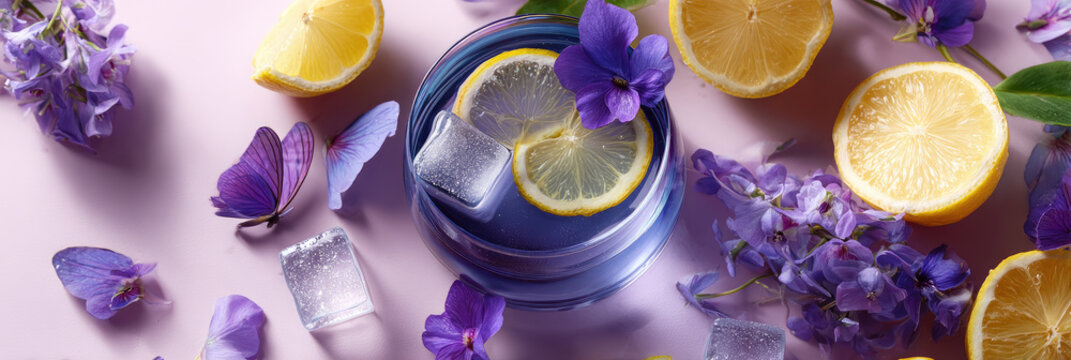 Butterfly pea flower tea cocktail showing natural color changing properties, vibrant blue to purple, refreshing citrus and floral drink with lemon and ice