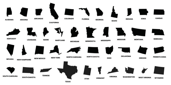 All 50 USA States Map Pixel Perfect Icons (Filled Style). Vector of the United States of America states map