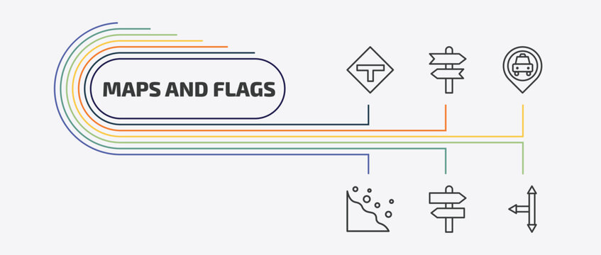 maps and flags outline icon set. thin line vintage, taxi stop, rock landslide safety, divarication and more icons. editable vector