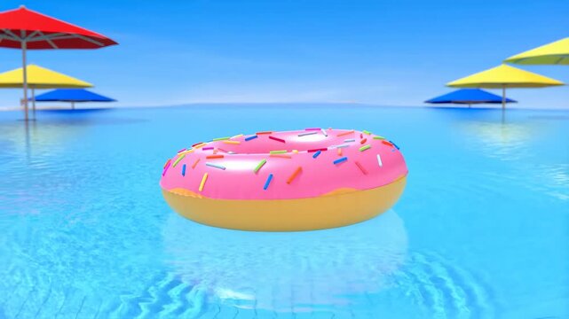 Donut pool float amidst colorful umbrellas in bright sunny daytime
