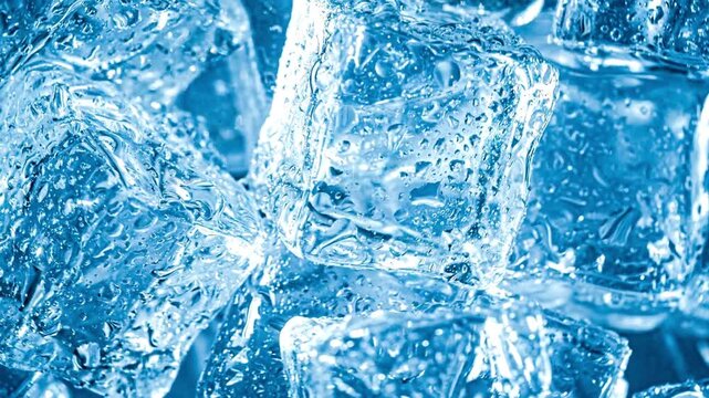 A stunning abstract close-up of blue ice with intricate frozen patterns and crystal textures. The cold winter-inspired surface showcases frost, transparent layers, and cool icy det