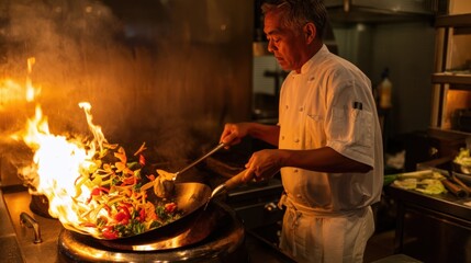 Fototapeta premium Fire bursts as chef stirs vibrant stir-fry
