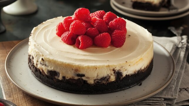 Creamy cheesecake rests on a rustic plate