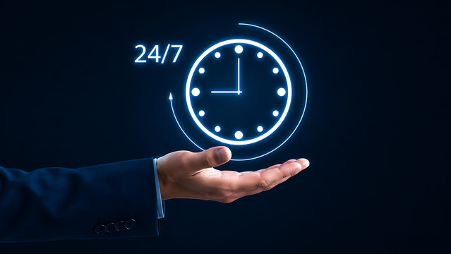 Businessman holding a glowing 247 clock icon in his hand, representing continuous availability, roundtheclock service, and constant support in business