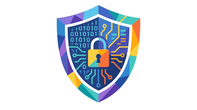 Digital Shield Security Icon with Binary Code and Circuit Board