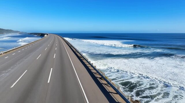 Aerial tracking shot of empty coastal highway curving beside ocean with waves breaking along shore on clear sunny day