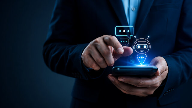 Businessman using smartphone with chatbot icon, artificial intelligence, digital customer service, automation, and technology concept