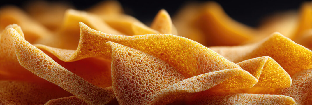 Freeze dried snack displaying intricate porous texture and golden orange hues, creating a crunchy surface with undulating ridgelines and inviting visual appeal for healthy eating