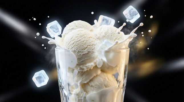 Vanilla ice cream scoops in a glass with milk splash and ice cubes