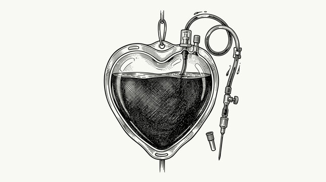 Vintage engraving style illustration of a heart-shaped blood bag. World Blood Donor Day medical charity concept, black and white line art isolated on background