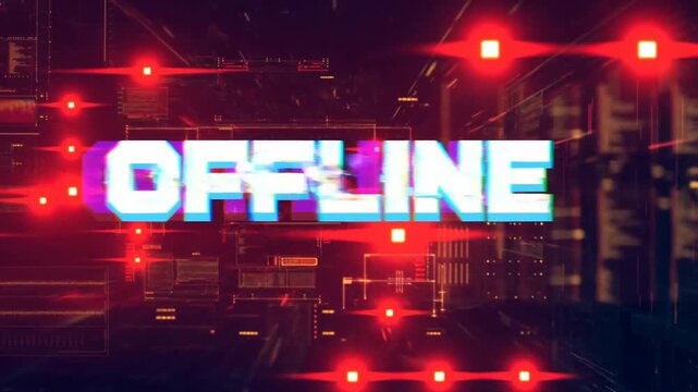 Tracking shot of offline text glitching and flickering over cyber circuit hud interface with red glowing nodes and digital distortion