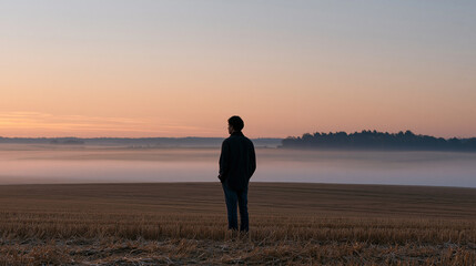 Autumn equinox scene of a lone figure standing in a harvested agricultural field at dawn, mist hovering low across the landscape, seasonal transition concept, equal day and night