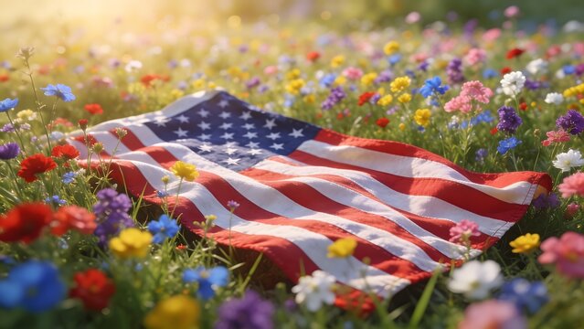 American Flag Resting on Wildflower Meadow, 4th of July Patriotic Nature Background, Stars and Stripes Summer Flowers