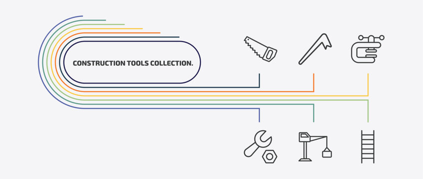construction tools collection. outline icon set. thin line crowbar, vise, wrench and nut, big derrick with boxes and more icons. editable vector