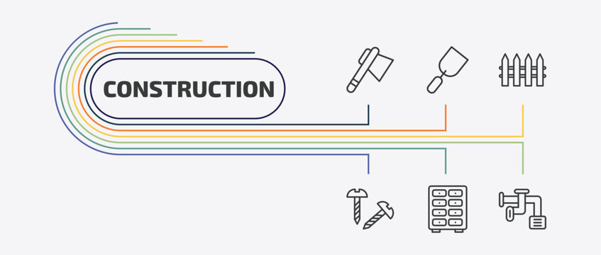 construction outline icon set. thin line gardening palette, garden fence, screws, big clo and more icons. editable vector