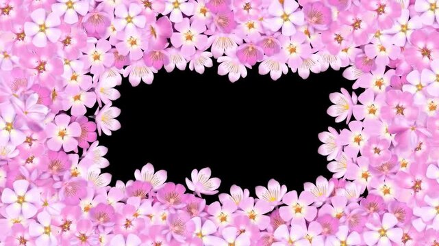 Time lapse pan of pink cherry blossom petals forming decorative floral border around black center on white studio background