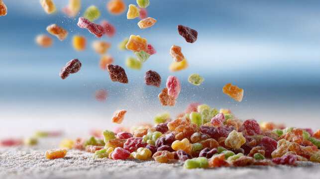 Colorful freeze dried candies sprinkling down, creating a vibrant pile of crispy sweet snacks, highlighting delicious flavor and textural crunch with a dynamic overhead view