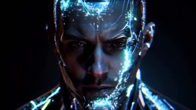 Tracking shot of cyborg face slowly transforming into human with digital glitch disintegration in dark futuristic studio close up