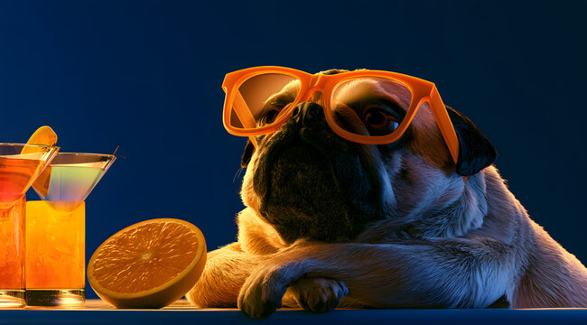 Pug dog wears orange sunglasses. The dog rests near two cocktails and orange fruit. The dog sits at the bar counter with a navy blue background. The cool doggy enjoys vacation vibes and refreshing dri