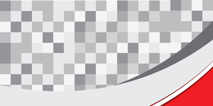Abstract corporate background with red wavy shape. Minimalist grey and white pixel mosaic grid backdrop with elegant dynamic curve vector banner.