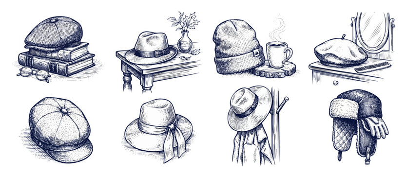 Vintage hat illustration sketch collection containing classic retro headwear styles including fedora beanie beret ushanka and flat newsboy cap designs in hand drawn engraved line art design elements.