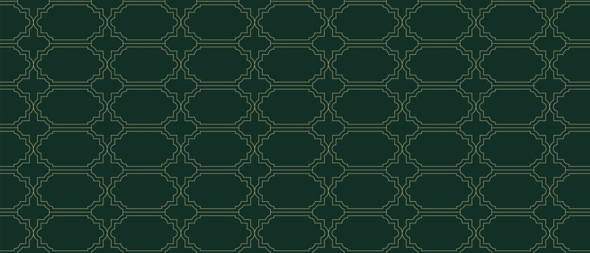 Elegant seamless Moroccan trellis pattern with thin gold lines on a deep emerald green background. Luxury geometric ornament for branding, packaging, textiles and premium interiors