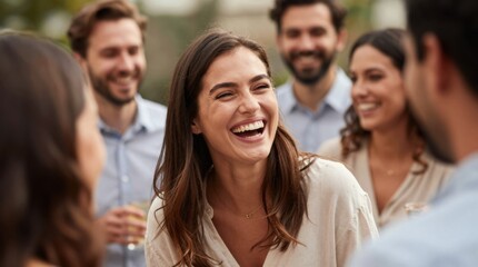 Obraz premium Woman laughing with friends at outdoor social gathering