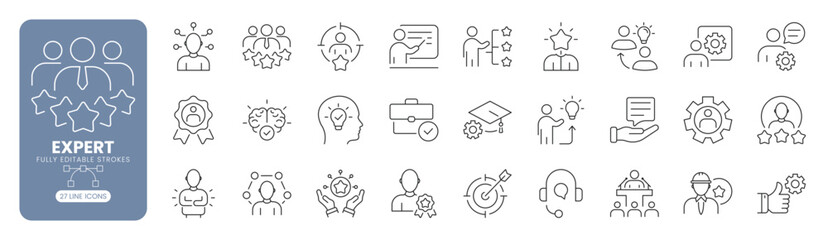 Expert and talent management line icon set featuring human resources recruitment, professional skills training, workforce development, leadership coaching and employee growth concepts. Editable stroke © AssetBud