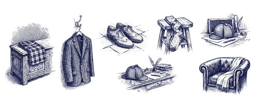 Vintage detective sketch set illustration featuring classic tweed jacket, brogue shoes, deerstalker hat, and Chesterfield armchair icons on white background for retro design projects.