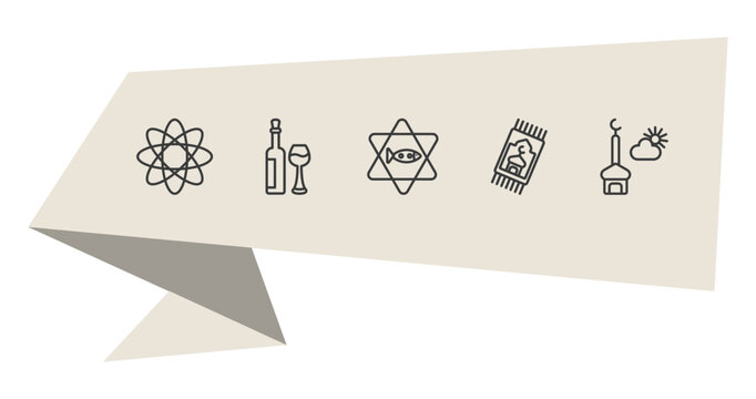 religion outline icon set. thin line agticism, hebrew wine, islamic praying carpet, assr icons. editable vector