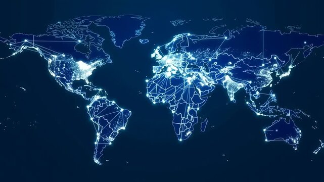 Global connectivity network: illuminated world map with digital communication lines