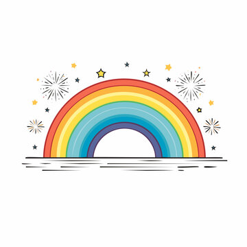 Colorful Rainbow with Stars and Fireworks