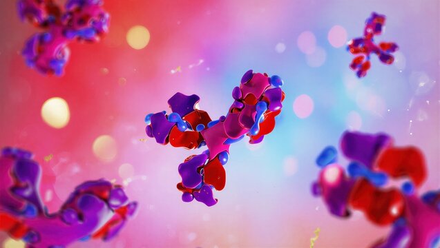 IgG antibody protein structure, Y-shaped immunoglobulin molecule interacting with antigens. Immunology, biotechnology, medical research, immune response, pharmaceutical innovation. 3D scientific image