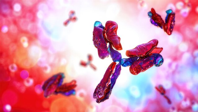 IgG antibody protein structure, Y-shaped immunoglobulin molecule interacting with antigens. Immunology, biotechnology, medical research, immune response, pharmaceutical innovation. 3D scientific image