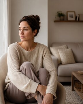Woman sitting in a cozy chair reflecting in a modern living room