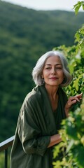 Obraz premium Smiling mature woman tending balcony plants with mountain background for lifestyle portrait and tranquil banner