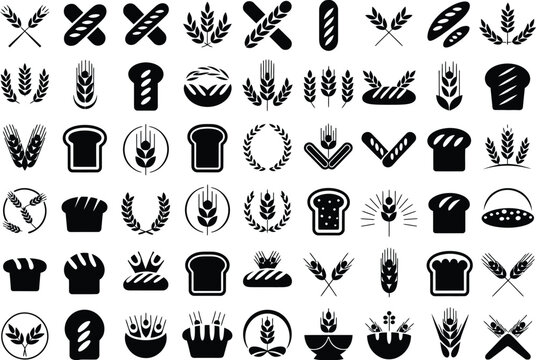 Bakery and Wheat Icon Collection Vector Set, Bread Loaf Symbols Grain Emblems Agricultural Food Logo Design Elements