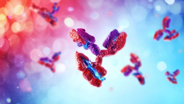 IgG antibody protein structure, Y-shaped immunoglobulin molecule interacting with antigens. Immunology, biotechnology, medical research, immune response, pharmaceutical innovation. 3D scientific image
