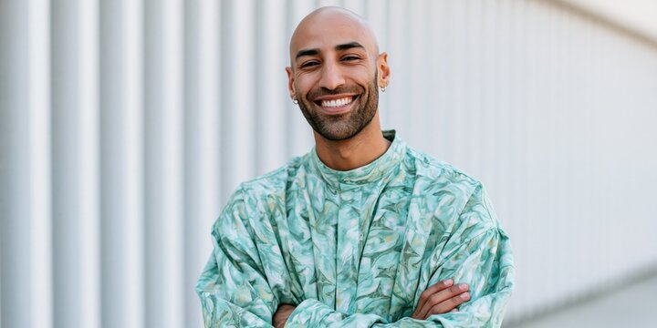 Smiling man in green patterned oversized shirt with arms crossed against white ribbed wall for lifestyle portrait and profile banner design