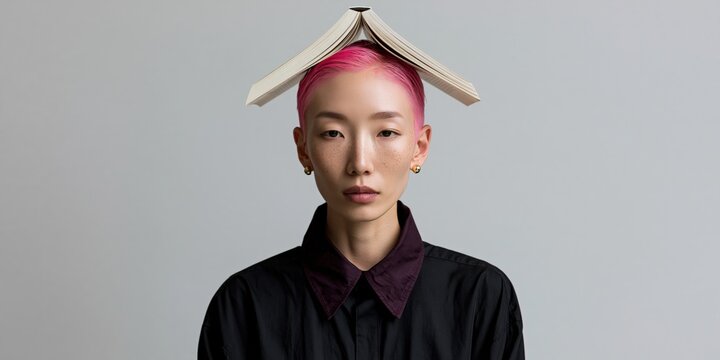 Young woman with bright pink buzz cut balancing an open book on her head for a stark minimalist beauty portrait and editorial banner background