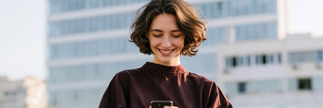 Smiling woman with short hair looking at smartphone on rooftop portrait for social media banner and casual lifestyle background