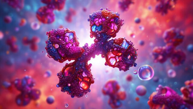 IgG antibody protein structure, Y-shaped immunoglobulin molecule interacting with antigens. Immunology, biotechnology, medical research, immune response, pharmaceutical innovation. 3D scientific image